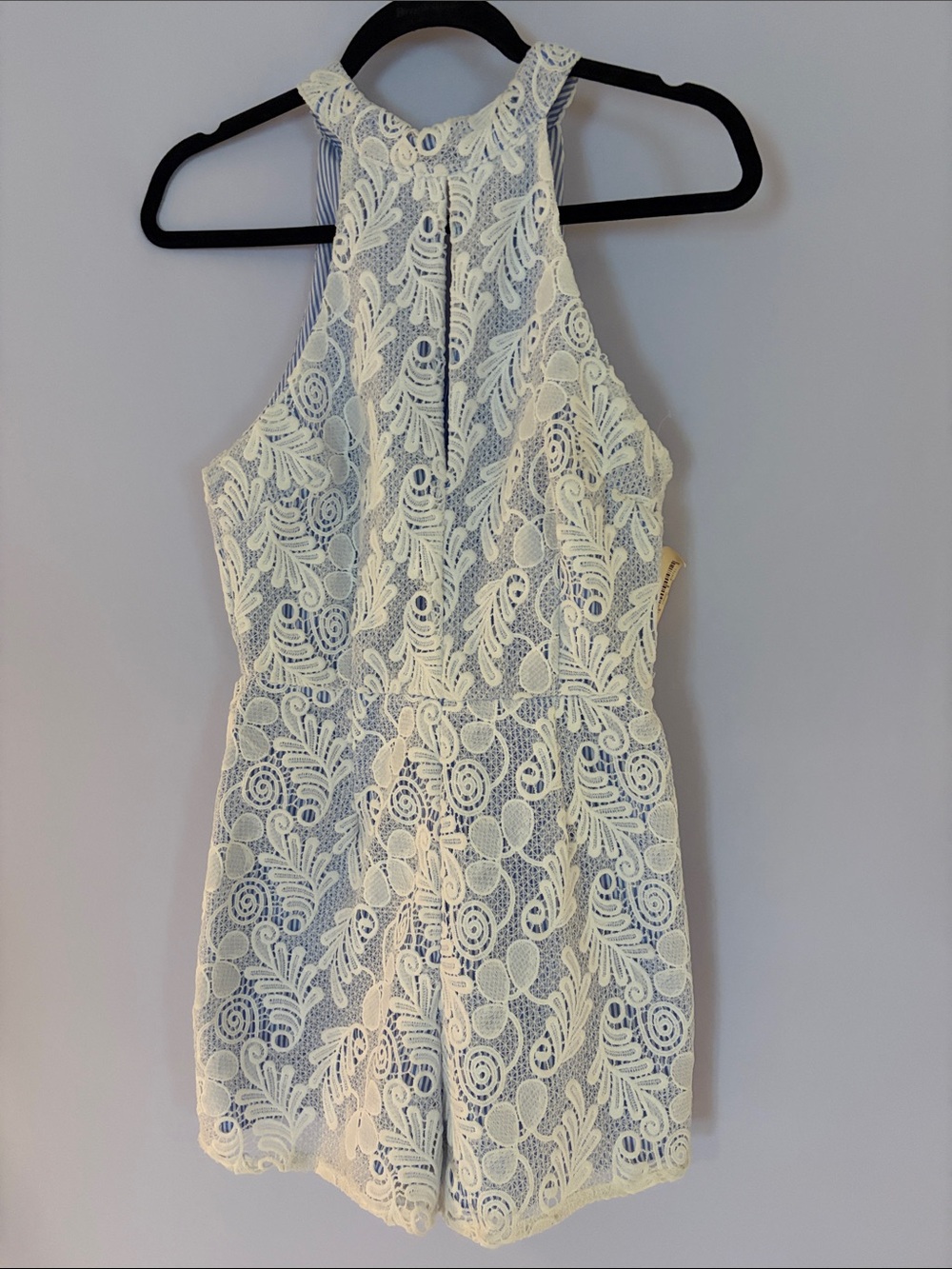 The Impeccable Pig NWT White Lace Halter Mini Romper with Blue Underlining -Sz S